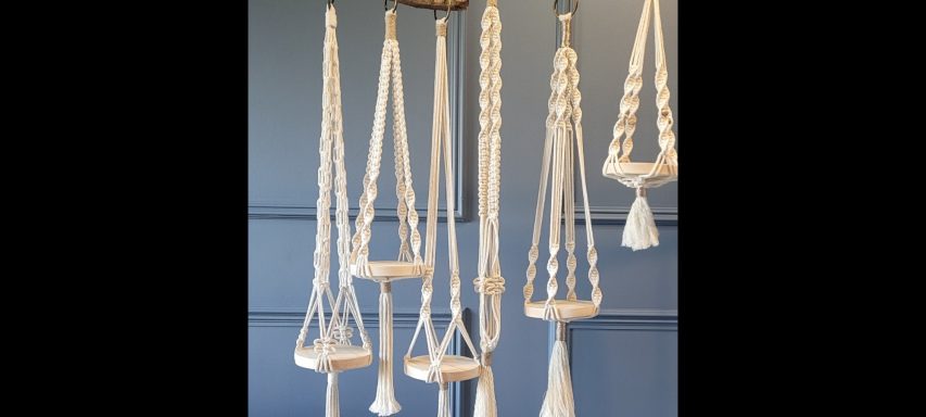 macrame plant hangers, natural classic design, handmade in London with wood base for your favourite plants.