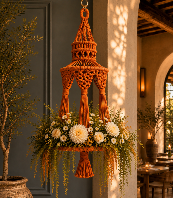 Luxury macrame plant hangers designed to enhance homes, restaurants, boutiques and commercial spaces.